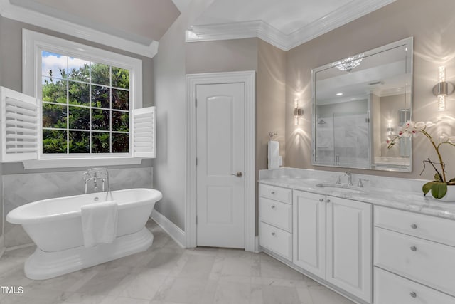 7800 Twin Pines Way, Fuquay Varina, NC 27526 - bathroom with marble look tiles, vanity, a freestanding tub, ornamental molding, and an enclosed shower