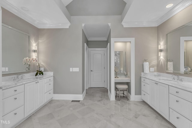 7800 Twin Pines Way, Fuquay Varina, NC 27526 - bathroom with baseboards, marble finish flooring, two vanities, and crown molding