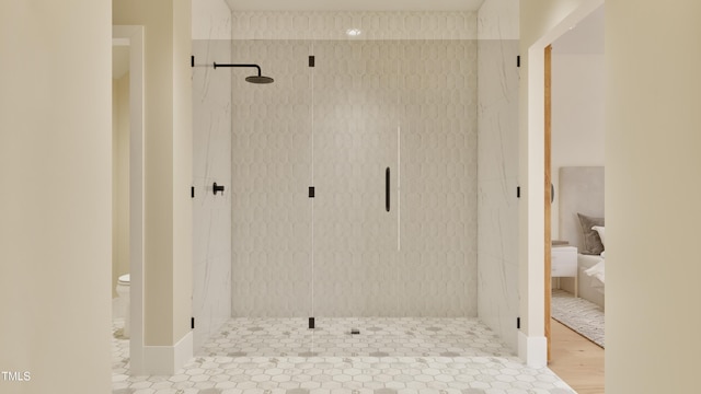 2940C Chapel Hill Rd, Durham, NC 27707 - bathroom featuring a marble finish shower, toilet, and tile patterned flooring