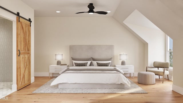 2940C Chapel Hill Rd, Durham, NC 27707 - bedroom featuring a barn door, light wood finished floors, recessed lighting, a ceiling fan, and lofted ceiling