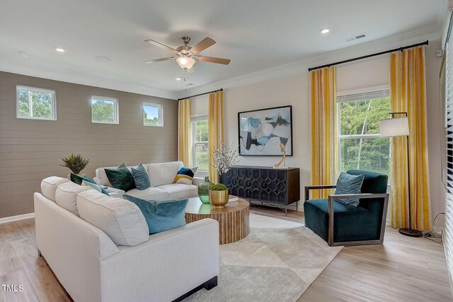 128 Bruce Dr, Dunn, NC 28334 - living area featuring ornamental molding, a ceiling fan, light wood-style flooring, and recessed lighting