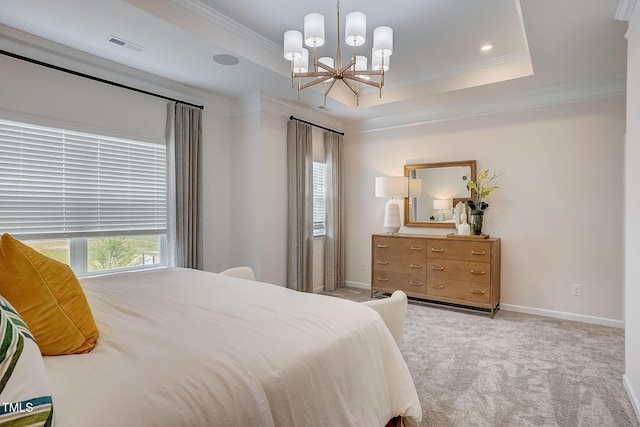 128 Bruce Dr, Dunn, NC 28334 - bedroom featuring crown molding, light colored carpet, a chandelier, baseboards, and a tray ceiling