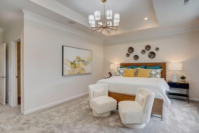 128 Bruce Dr, Dunn, NC 28334 - bedroom with ornamental molding, carpet, a chandelier, baseboards, and a raised ceiling