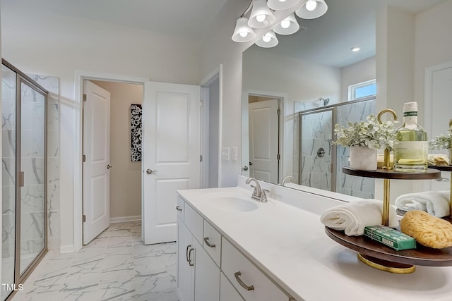 128 Bruce Dr, Dunn, NC 28334 - bathroom with a shower stall, marble finish flooring, double vanity, and a chandelier