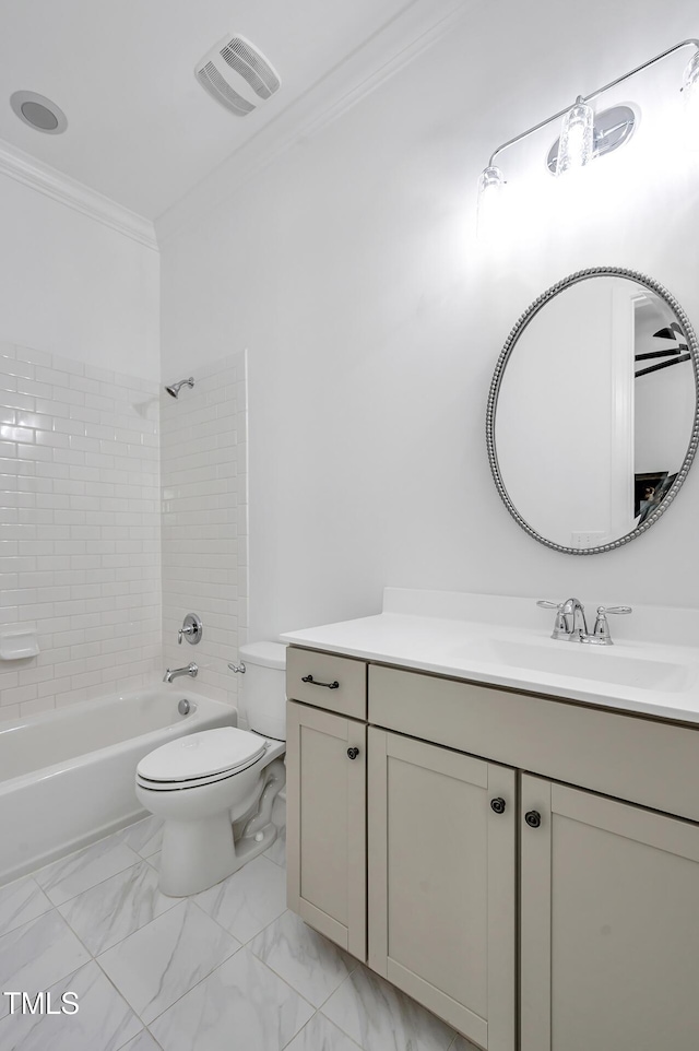 6250 Moinear Ln, Chapel Hill, NC 27514 - full bathroom featuring ornamental molding, vanity, toilet,  shower combination, and marble finish flooring