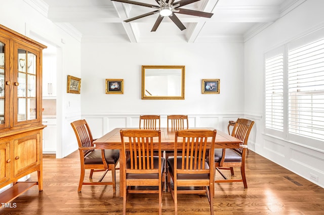 6250 Moinear Ln, Chapel Hill, NC 27514 - dining room with coffered ceiling, beamed ceiling, ceiling fan, a decorative wall, and light wood-style flooring