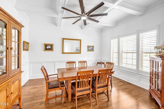 6250 Moinear Ln, Chapel Hill, NC 27514 - dining space with coffered ceiling, beam ceiling, ceiling fan, a decorative wall, and wood finished floors