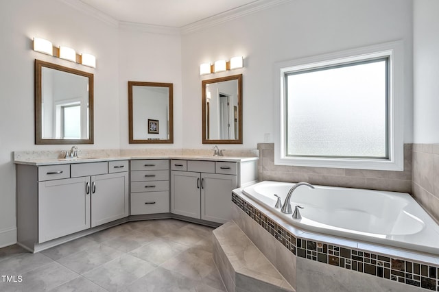 6250 Moinear Ln, Chapel Hill, NC 27514 - bathroom with plenty of natural light, double vanity, a garden tub, and crown molding
