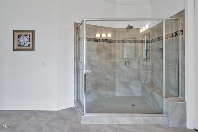 6250 Moinear Ln, Chapel Hill, NC 27514 - bathroom with a stall shower, tile patterned flooring, ornamental molding, and baseboards