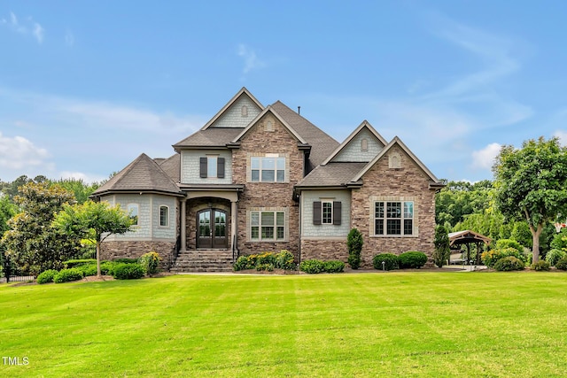6250 Moinear Ln, Chapel Hill, NC 27514 - view of front of home featuring a gazebo, a front lawn, french doors, stone siding, and roof with shingles