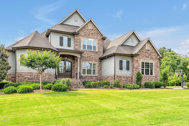 6250 Moinear Ln, Chapel Hill, NC 27514 - craftsman inspired home featuring a front lawn, stone siding, french doors, and a shingled roof