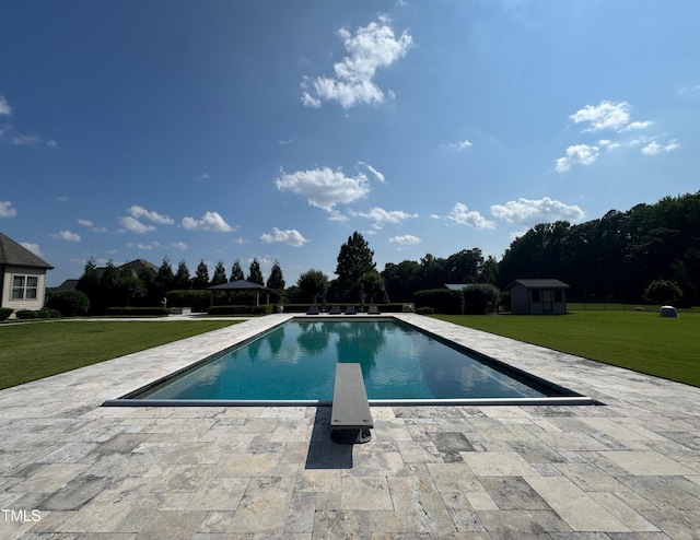 6250 Moinear Ln, Chapel Hill, NC 27514 - outdoor pool featuring a lawn, a diving board, a patio, and an outbuilding