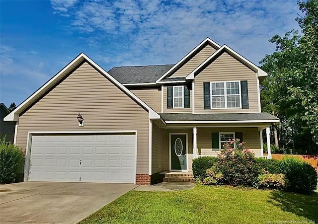 1824 Ponderosa Trl, Cameron, NC 28326 - view of front facade featuring concrete driveway, a front yard, an attached garage, a porch, and roof with shingles