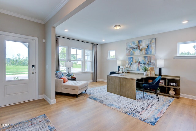 2512 Stonington Dr, Cary, NC 27523 - office area featuring light wood finished floors, baseboards, ornamental molding, and recessed lighting