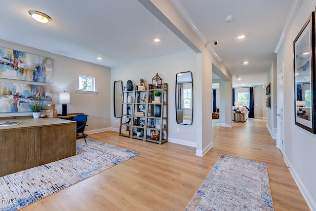2512 Stonington Dr, Cary, NC 27523 - home office featuring crown molding, light wood-type flooring, plenty of natural light, baseboards, and recessed lighting