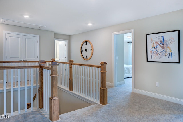 2512 Stonington Dr, Cary, NC 27523 - hall featuring an upstairs landing, carpet floors, recessed lighting, and baseboards