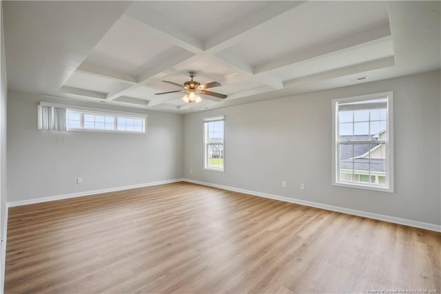 153 Abbey Ln, Raeford, NC 28376 - unfurnished room with light wood-type flooring, baseboards, coffered ceiling, ceiling fan, and beamed ceiling