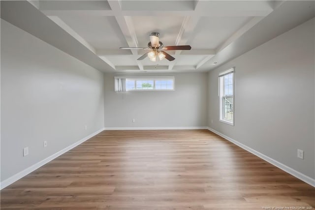 153 Abbey Ln, Raeford, NC 28376 - unfurnished room featuring coffered ceiling, a ceiling fan, baseboards, wood finished floors, and beamed ceiling
