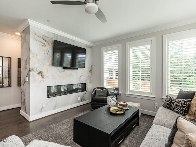 1610 Draper View Loop Unit 101, Raleigh, NC 27608 - living area with a fireplace, crown molding, dark wood-type flooring, and a ceiling fan