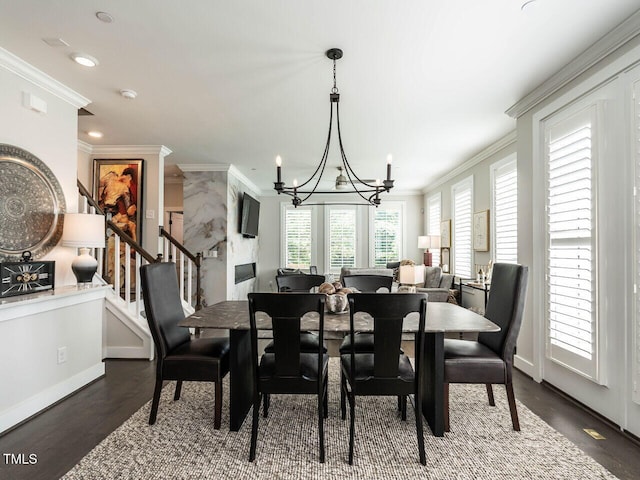 1610 Draper View Loop Unit 101, Raleigh, NC 27608 - dining area with a chandelier, ornamental molding, wood finished floors, stairway, and recessed lighting