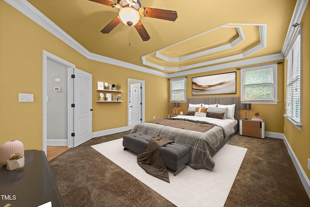 1124 Kalworth Rd, Wake Forest, NC 27587 - carpeted bedroom with crown molding, a tray ceiling, and ceiling fan