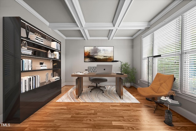 1124 Kalworth Rd, Wake Forest, NC 27587 - office area with wood finished floors, coffered ceiling, and beamed ceiling