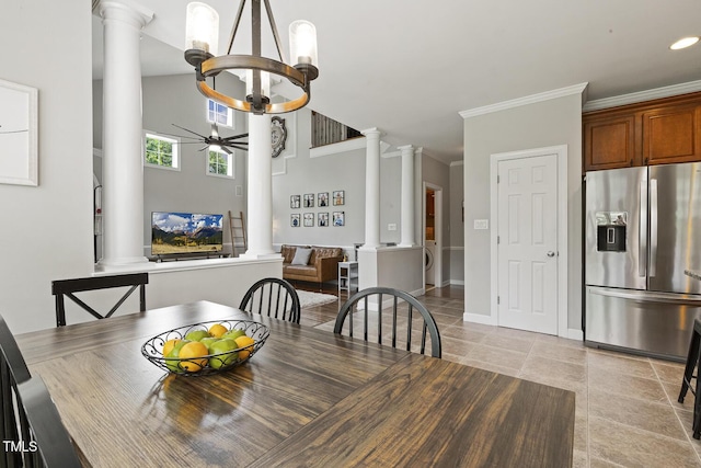 5516 Colonial Oaks Dr, Apex, NC 27539 - dining space featuring decorative columns, ornamental molding, ceiling fan, a chandelier, and light tile patterned flooring