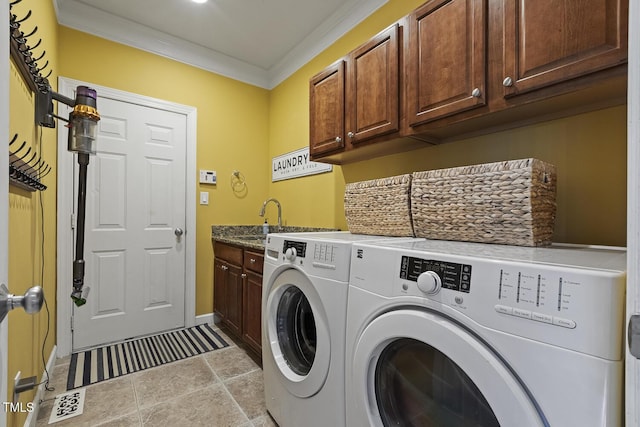 5516 Colonial Oaks Dr, Apex, NC 27539 - laundry area featuring cabinet space, washer and dryer, crown molding, and baseboards
