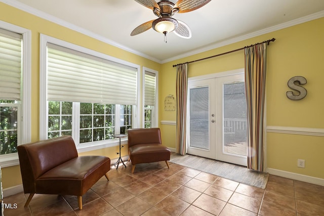 5516 Colonial Oaks Dr, Apex, NC 27539 - sitting room with french doors, tile patterned flooring, crown molding, a ceiling fan, and baseboards