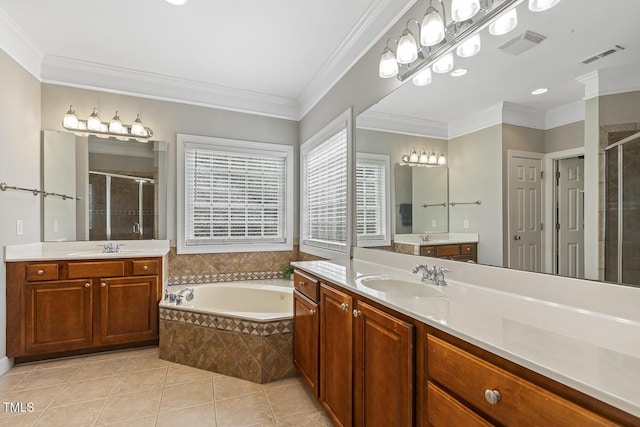 5516 Colonial Oaks Dr, Apex, NC 27539 - bathroom with a stall shower, two vanities, tile patterned flooring, a bath, and crown molding