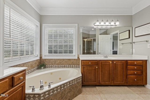 5516 Colonial Oaks Dr, Apex, NC 27539 - full bath with ornamental molding, a stall shower, vanity, healthy amount of natural light, and a whirlpool tub