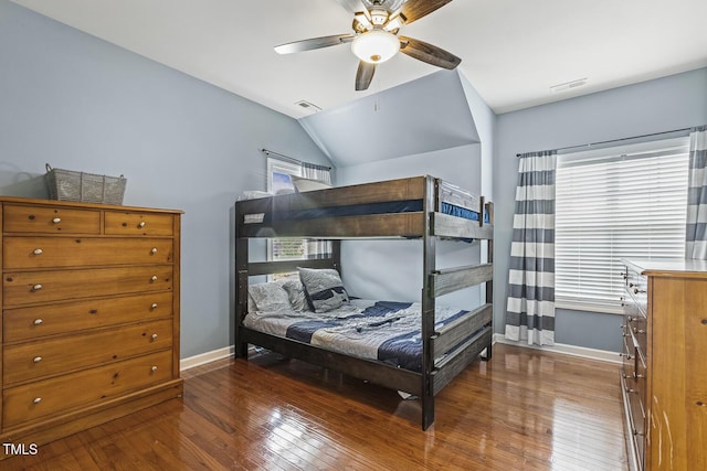 5516 Colonial Oaks Dr, Apex, NC 27539 - bedroom with baseboards, hardwood / wood-style floors, lofted ceiling, and a ceiling fan