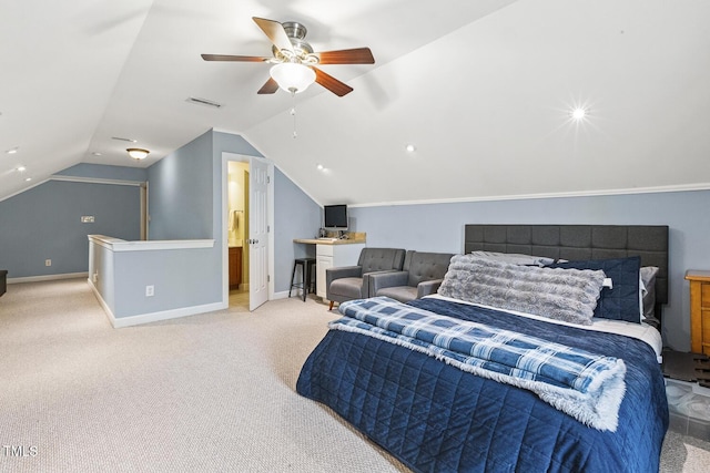 5516 Colonial Oaks Dr, Apex, NC 27539 - bedroom with carpet, vaulted ceiling, baseboards, and a ceiling fan