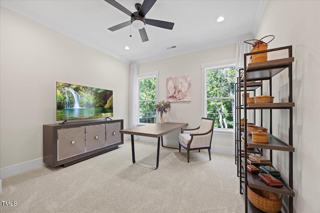 111 Stone Park Dr, Wake Forest, NC 27587 - office with carpet flooring, baseboards, crown molding, a ceiling fan, and recessed lighting