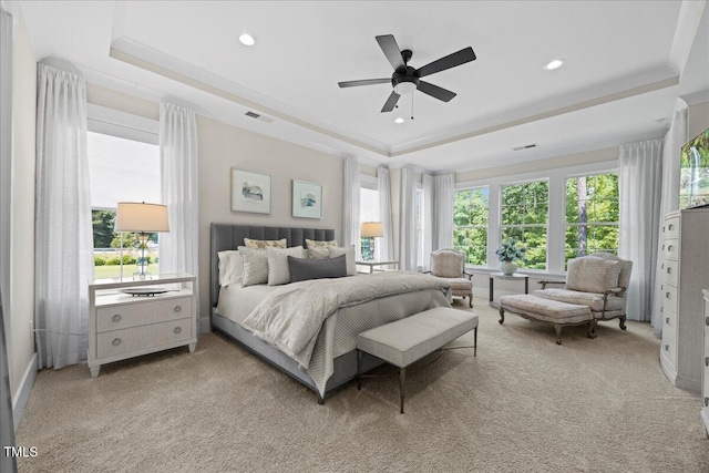 111 Stone Park Dr, Wake Forest, NC 27587 - bedroom featuring a tray ceiling, light colored carpet, recessed lighting, and ceiling fan