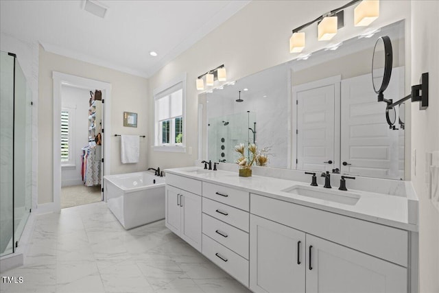 111 Stone Park Dr, Wake Forest, NC 27587 - full bath with a shower stall, healthy amount of natural light, a soaking tub, double vanity, and crown molding