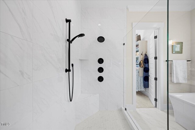 111 Stone Park Dr, Wake Forest, NC 27587 - bathroom with tiled shower and a freestanding bath