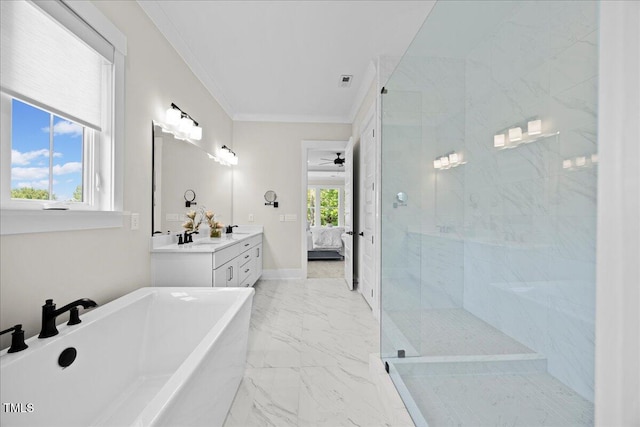 111 Stone Park Dr, Wake Forest, NC 27587 - ensuite bathroom with a freestanding bath, vanity, tiled shower, crown molding, and marble finish floors