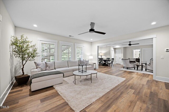 111 Stone Park Dr, Wake Forest, NC 27587 - living area with ceiling fan, wood finished floors, plenty of natural light, baseboards, and recessed lighting