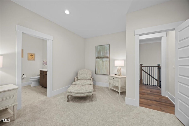 111 Stone Park Dr, Wake Forest, NC 27587 - living area featuring carpet, an upstairs landing, baseboards, and recessed lighting