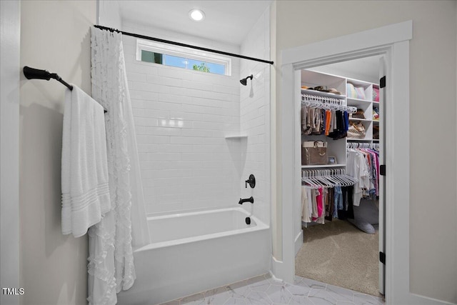 111 Stone Park Dr, Wake Forest, NC 27587 - bathroom featuring shower / tub combo with curtain, a spacious closet, recessed lighting, and tile patterned flooring