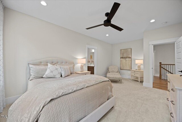 111 Stone Park Dr, Wake Forest, NC 27587 - bedroom with carpet flooring, recessed lighting, baseboards, a ceiling fan, and ensuite bath