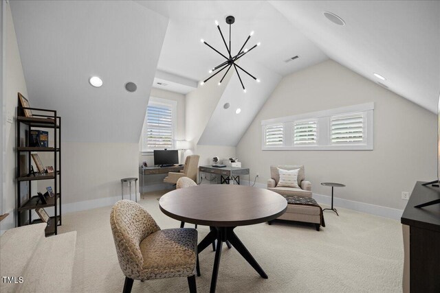 111 Stone Park Dr, Wake Forest, NC 27587 - office space featuring vaulted ceiling, carpet, baseboards, recessed lighting, and a chandelier