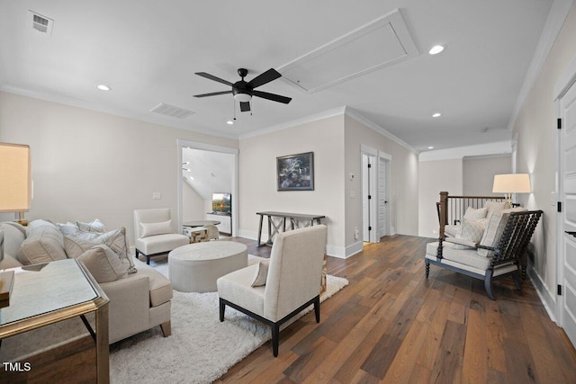 111 Stone Park Dr, Wake Forest, NC 27587 - living area featuring attic access, recessed lighting, ceiling fan, dark wood-style flooring, and ornamental molding