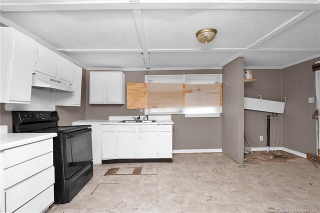 6200 Arabia Rd, Lumber Bridge, NC 28357 - kitchen featuring under cabinet range hood, black electric range oven, a sink, baseboards, and ornamental molding