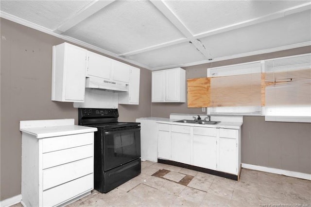 6200 Arabia Rd, Lumber Bridge, NC 28357 - kitchen with black electric range, under cabinet range hood, white cabinetry, a sink, and light countertops