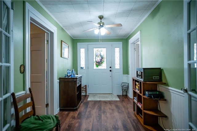 208 W Thompson St E, Fairmont, NC 28340 - entryway with ornamental molding, dark wood-style floors, a ceiling fan, and wainscoting