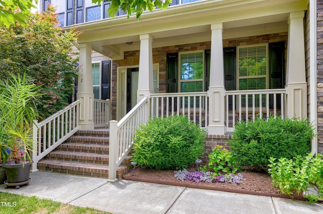 112 Briarfield Dr, Apex, NC 27502 - doorway to property with a porch and stone siding