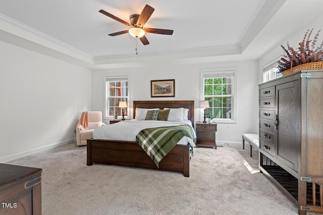 1612 Old Bramble Ln, Fuquay Varina, NC 27526 - bedroom with a tray ceiling, baseboards, carpet, crown molding, and ceiling fan