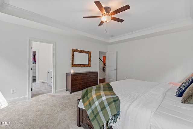 1612 Old Bramble Ln, Fuquay Varina, NC 27526 - carpeted bedroom with a raised ceiling, crown molding, baseboards, and ceiling fan